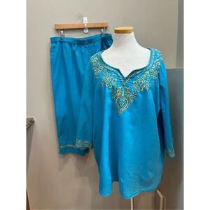 Jaclyn Smith 1X aqua/gold Moroccan style embroidered elastic waist wide leg pant